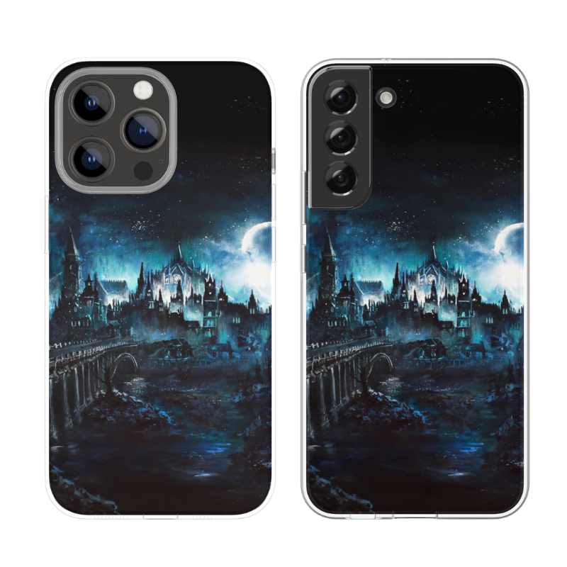Phone Case - Dark Souls featuring a detailed fantasy landscape of a dark, mystical castle under a glowing full moon, inspired by hand-painted dark fantasy art.