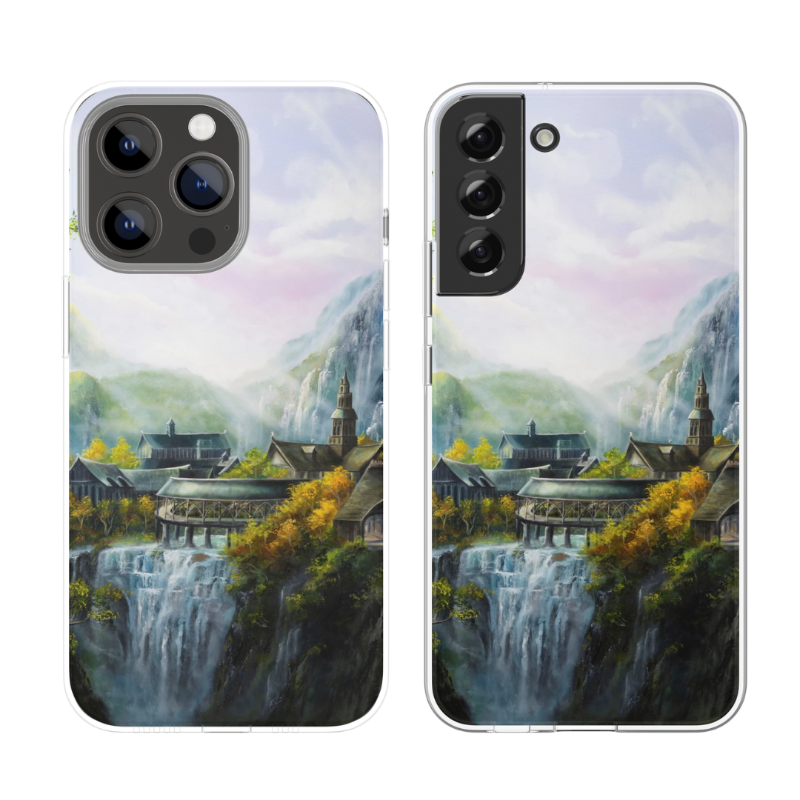 Phone Case - Imladris featuring a detailed fantasy landscape with a cascading waterfall, medieval village, and misty mountains under a soft pastel sky.