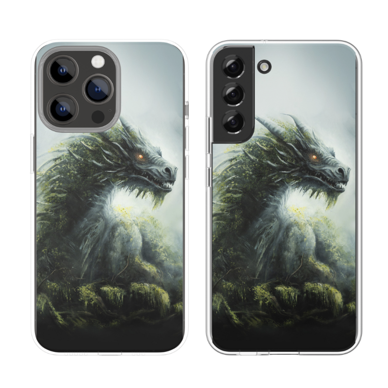 Phone Case - Lord of the Forest featuring a detailed fantasy art design of a mythical dragon emerging from a misty, enchanted forest landscape by Aronja-Art.