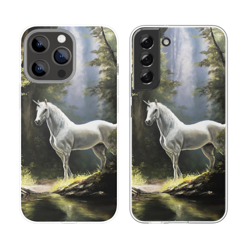 Phone Case - Unicorn featuring a detailed fantasy art illustration of a white unicorn standing by a serene woodland stream with soft light filtering through the trees.
