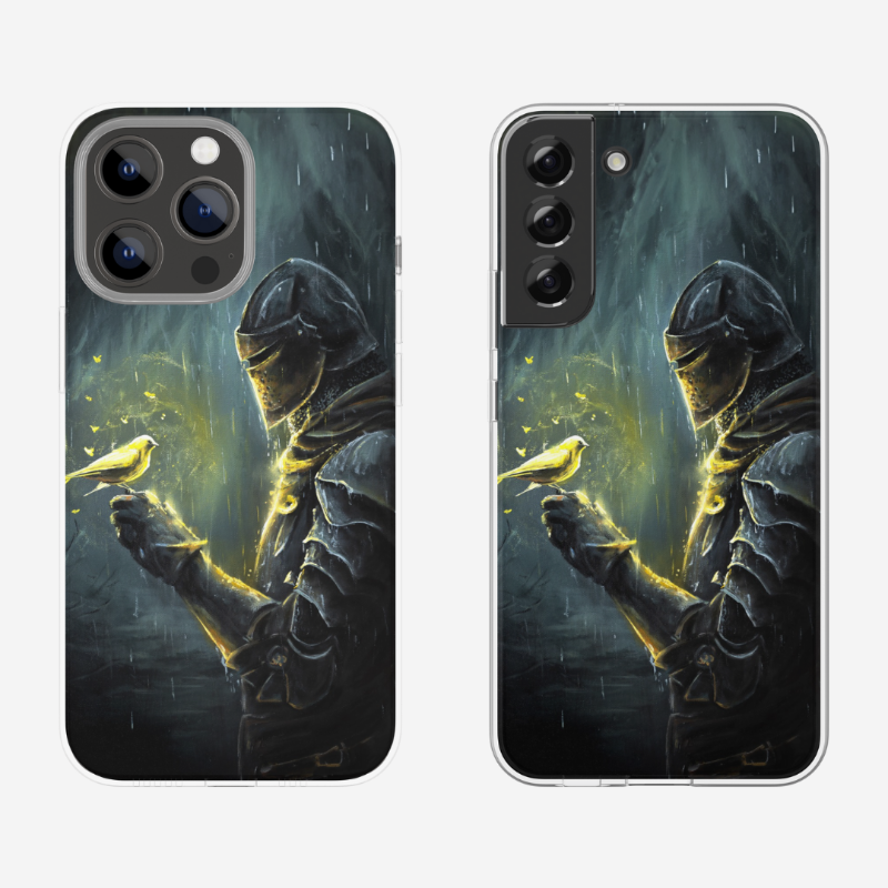 Phone Case - Hope featuring a fantasy art design of a medieval knight in dark armor gently holding a glowing yellow bird, surrounded by an ethereal light in a mystical landscape.