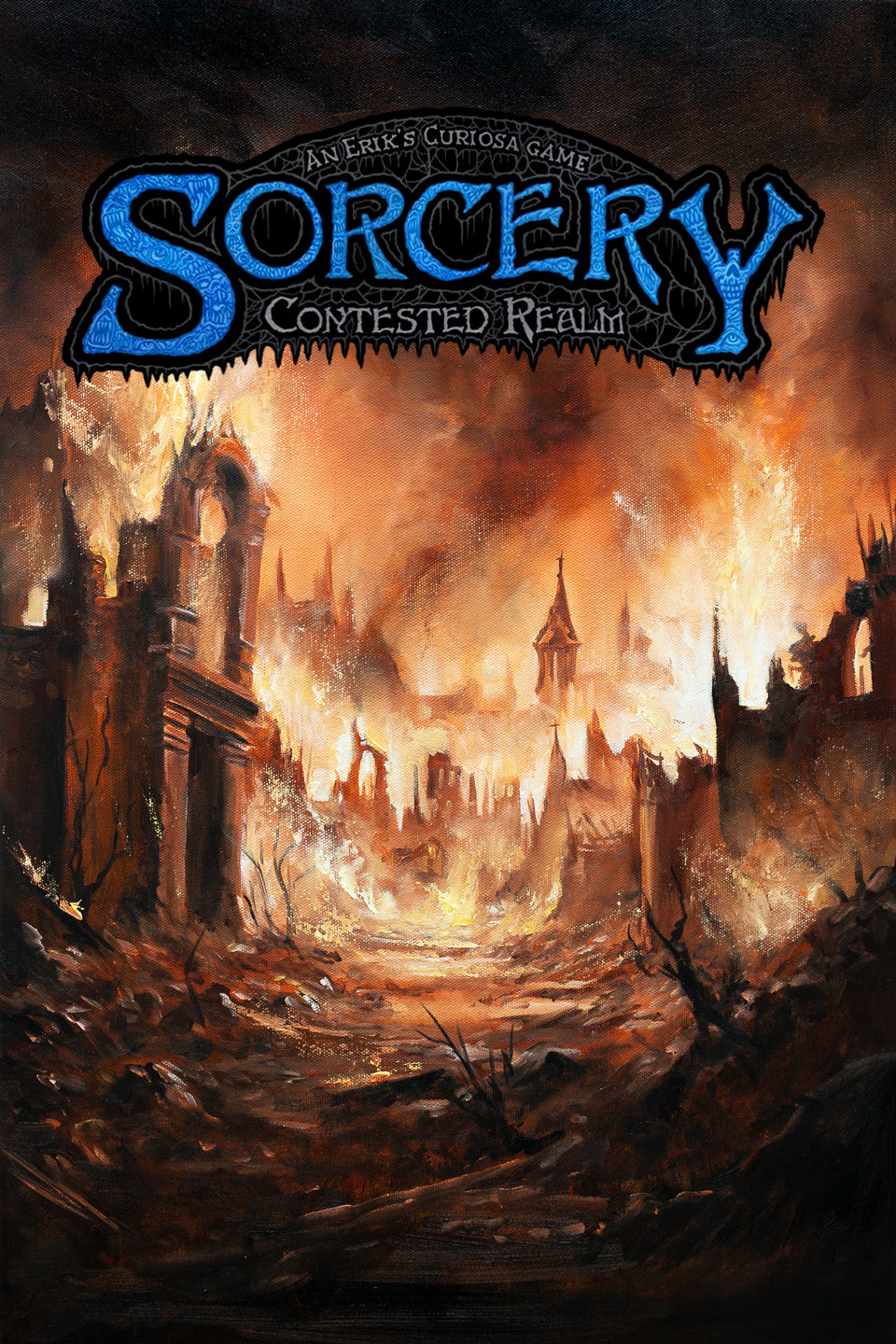 SORCERY Gothic Original Painting "Raze" - 60x40cm / Oils showing a dramatic fantasy landscape of a fiery, ruined city with gothic architecture, hand-painted in vivid oil colors.