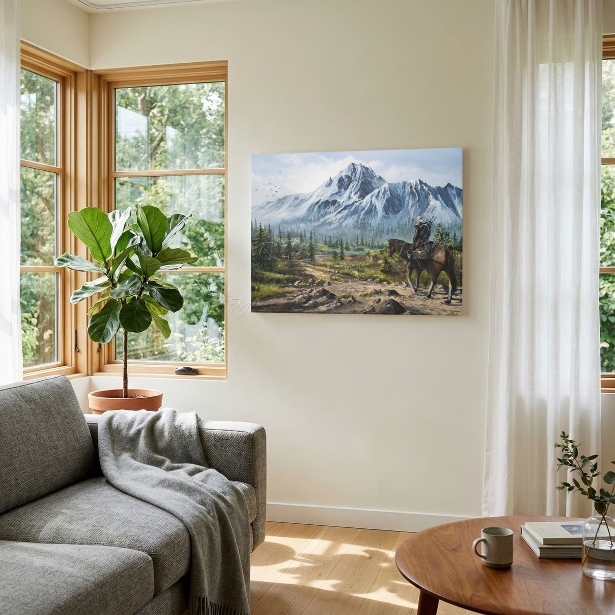 Skellige (Print) gaming inspired art print with hand-painted fantasy art mountain landscape and horse