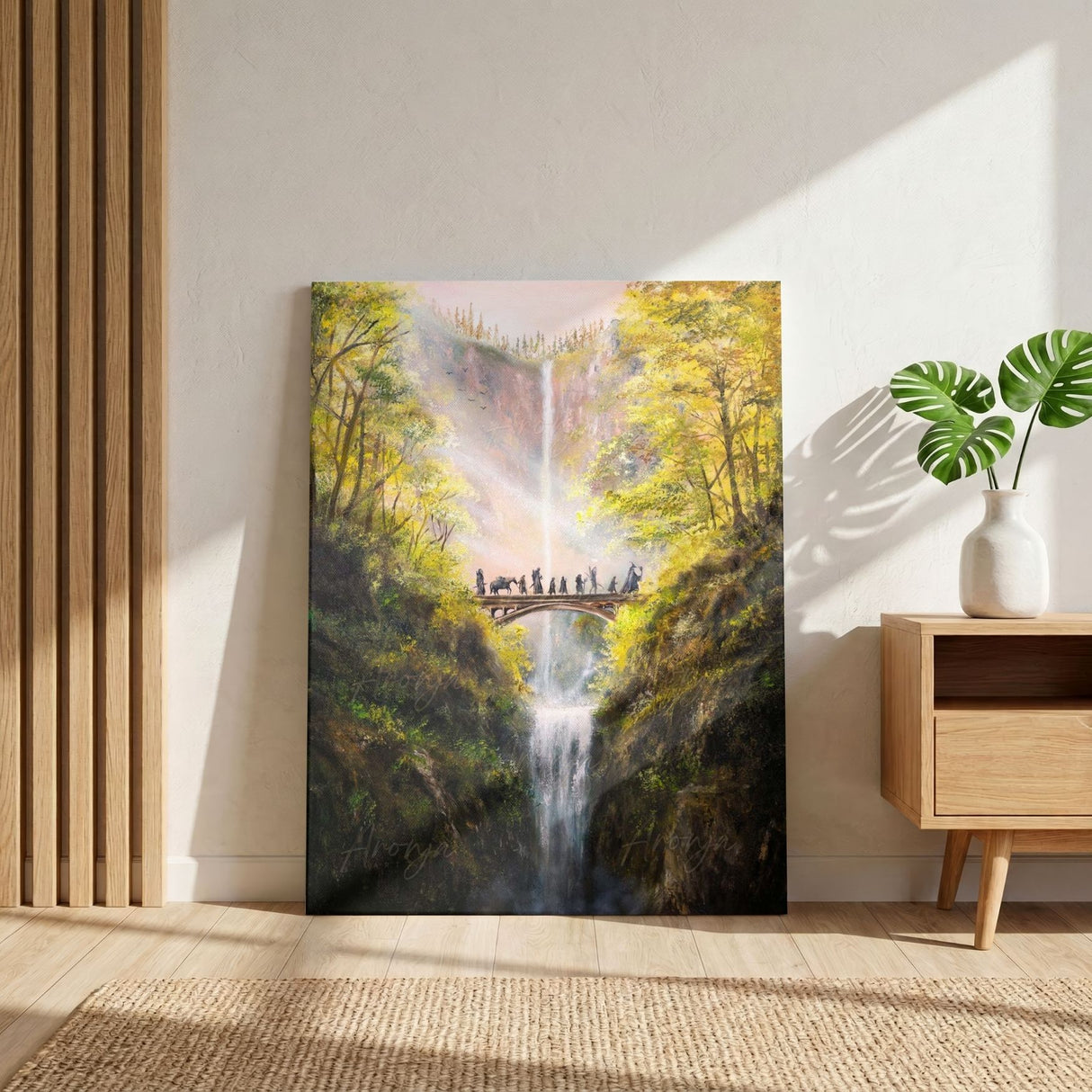 Crossing The Bridge - (Print) by Aronja-Art art print fantasy art landscape with a soft waterfall and bridge