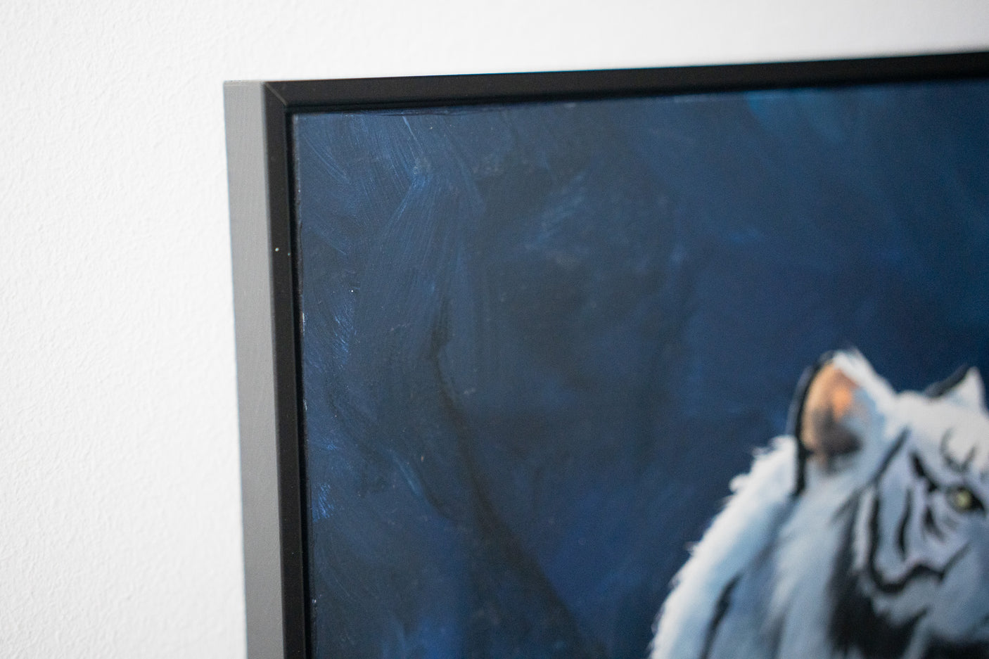 Close-up of a hand-painted White Tiger - Framed Acrylicpainting featuring detailed acrylic and oil textures, inspired by fantasy art and wildlife themes.