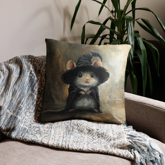 Mouse Wizard - Pillow featuring fantasy art of a small mouse dressed as a wizard with a pointed hat, set against a soft, muted background, ideal for fans of mythical and wildlife art.