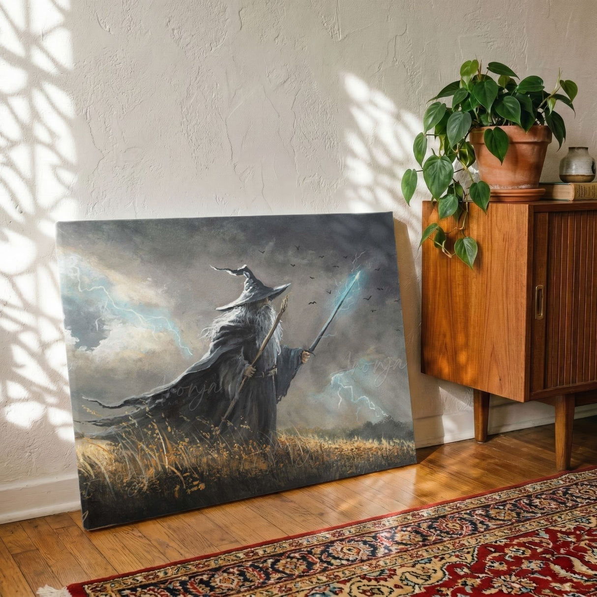 Wizard in the Field (Print) fantasy art art print on fine art paper, shown leaning in sunlight