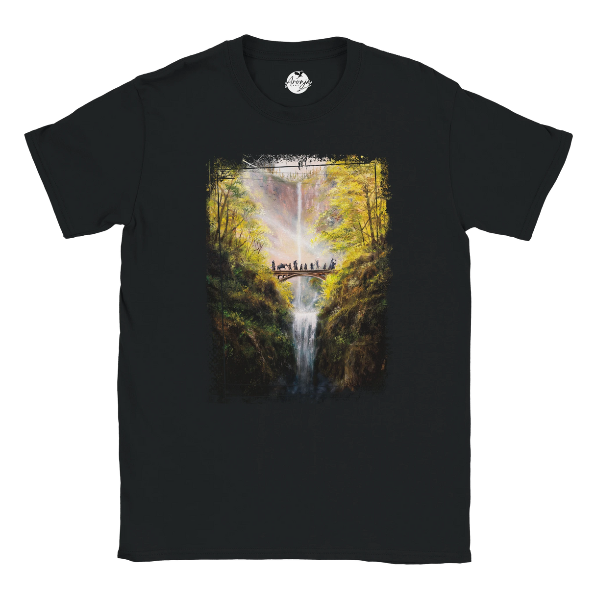 The Bridge T-shirt featuring a fantasy art design of a group of adventurers crossing a wooden bridge over a waterfall surrounded by lush, sunlit autumn forest landscape.