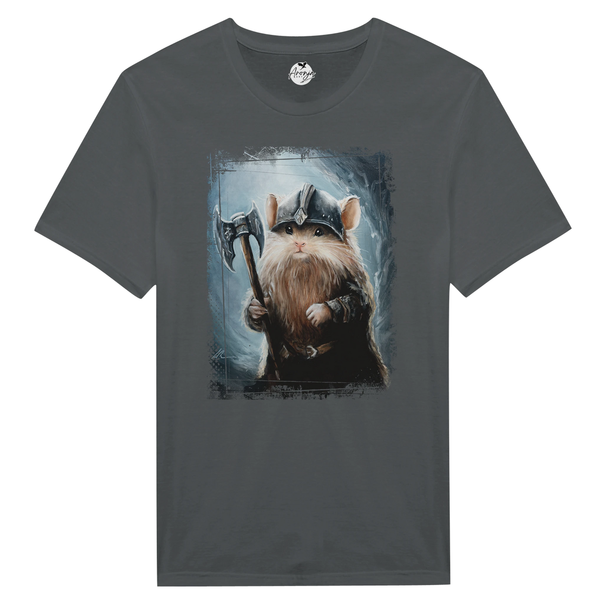 Gimouse T-shirt featuring fantasy art of a brave mouse warrior wearing a helmet and holding an axe, printed on a dark gray fabric with a hand-painted style.