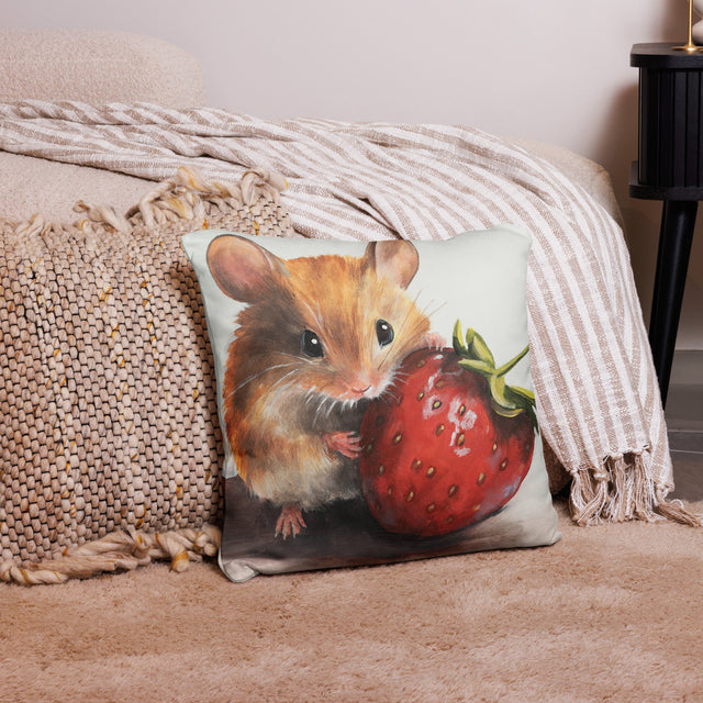 Mouseberry - Pillow featuring a detailed fantasy art design of a small mouse holding a large red strawberry, displayed in a cozy living room setting with textured textiles.