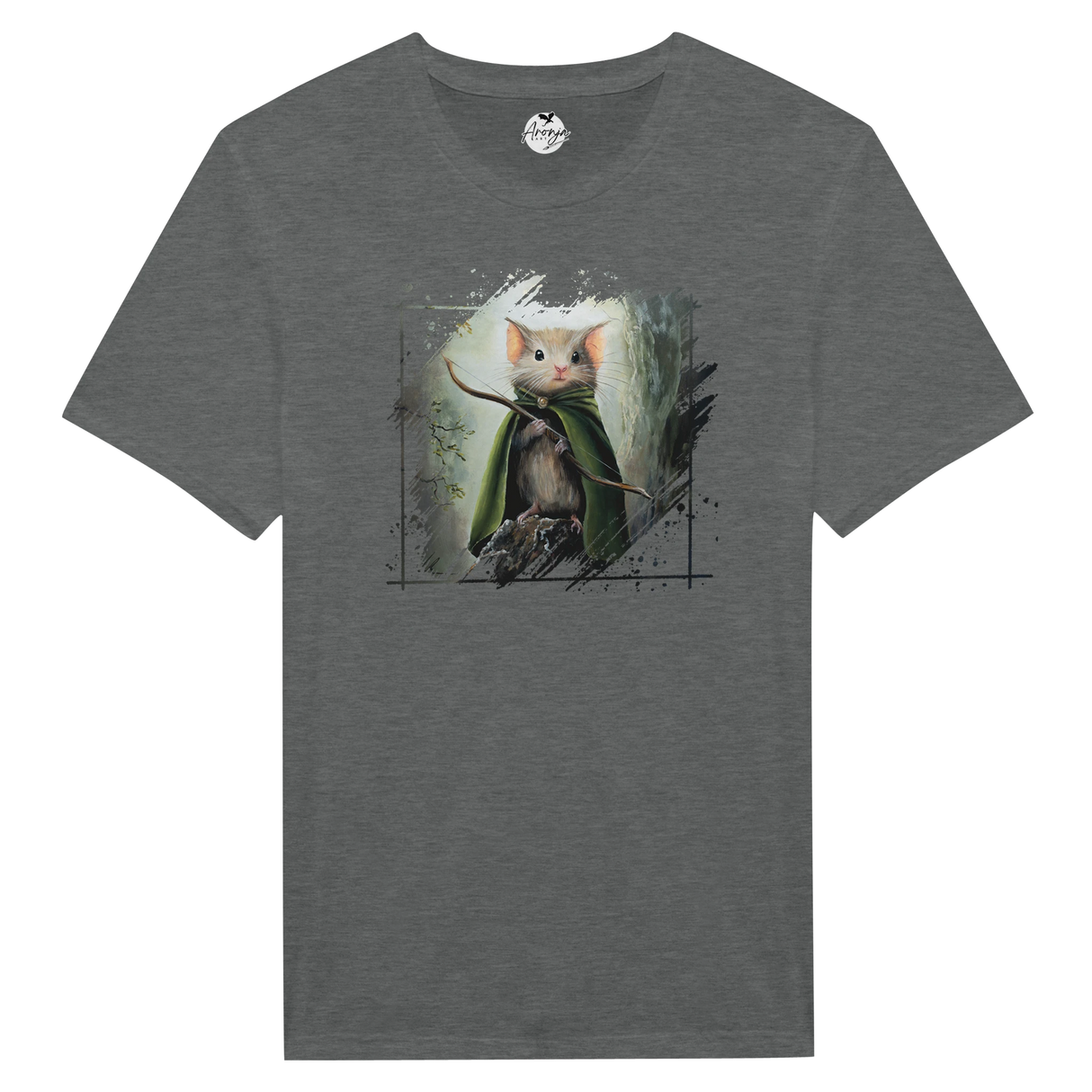Legomouse T-shirt with fantasy art of a small mouse wearing a green cloak, holding a bow, set against a mystical forest background.