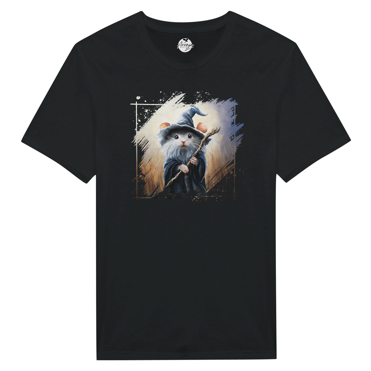 Black Mousedalf T-shirt featuring fantasy art of a wizard mouse in a blue hat holding a wooden staff, inspired by hand-painted mythical landscapes and dnd characters.