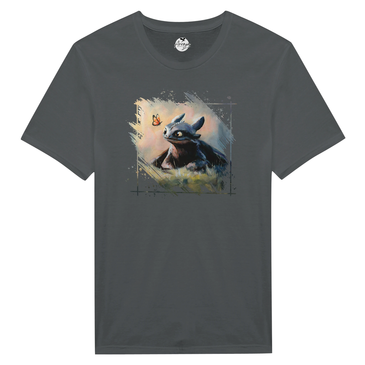 Toothless T-shirt featuring a hand-painted fantasy art design of a dragon playfully looking at a butterfly on a dark gray fabric, inspired by mythical landscapes and wildlife themes.