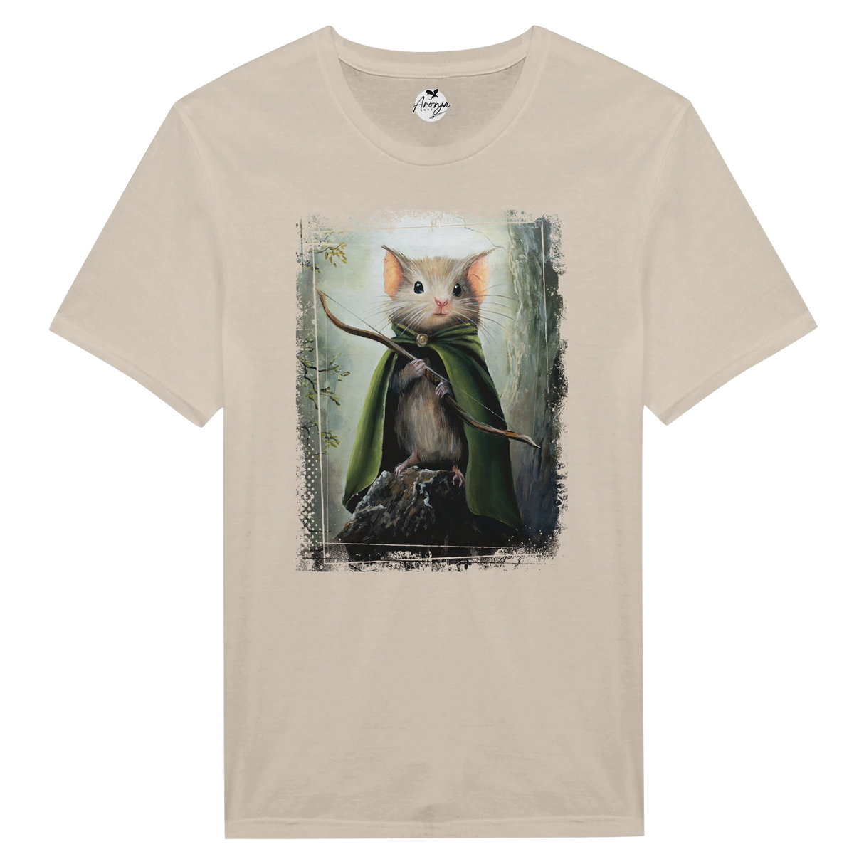 Legomouse T-shirt featuring detailed fantasy art of a small mouse dressed as an archer with a green cloak and bow, set against a mystical forest background.