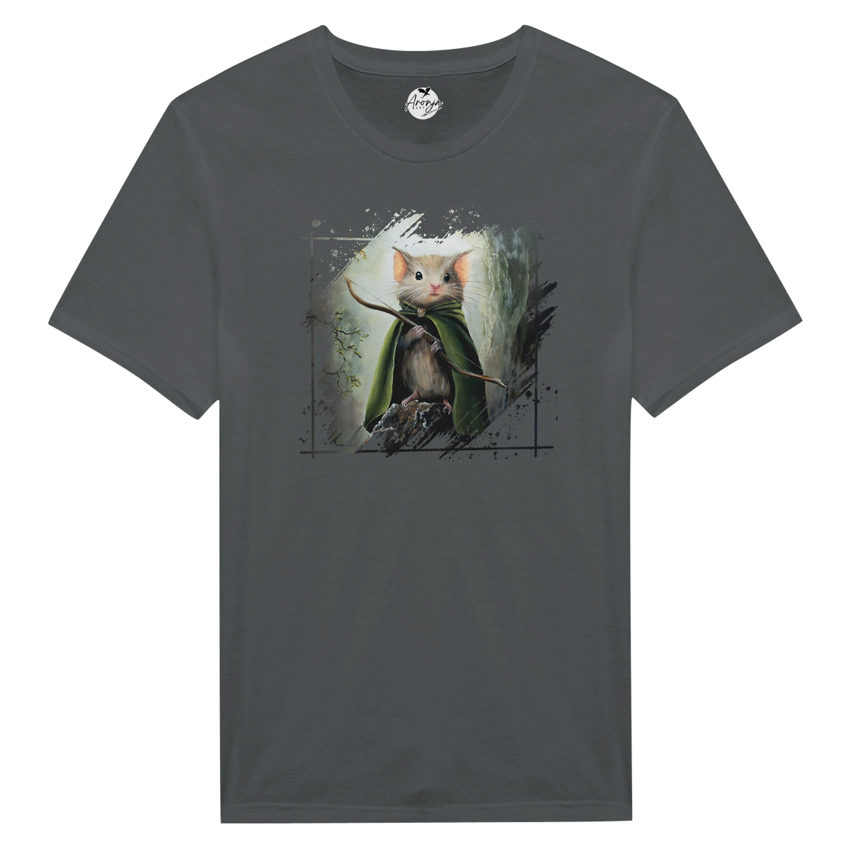 Legomouse T-shirt featuring fantasy art of a small mouse dressed as an archer with a green cloak standing on a branch in a mythical forest scene.
