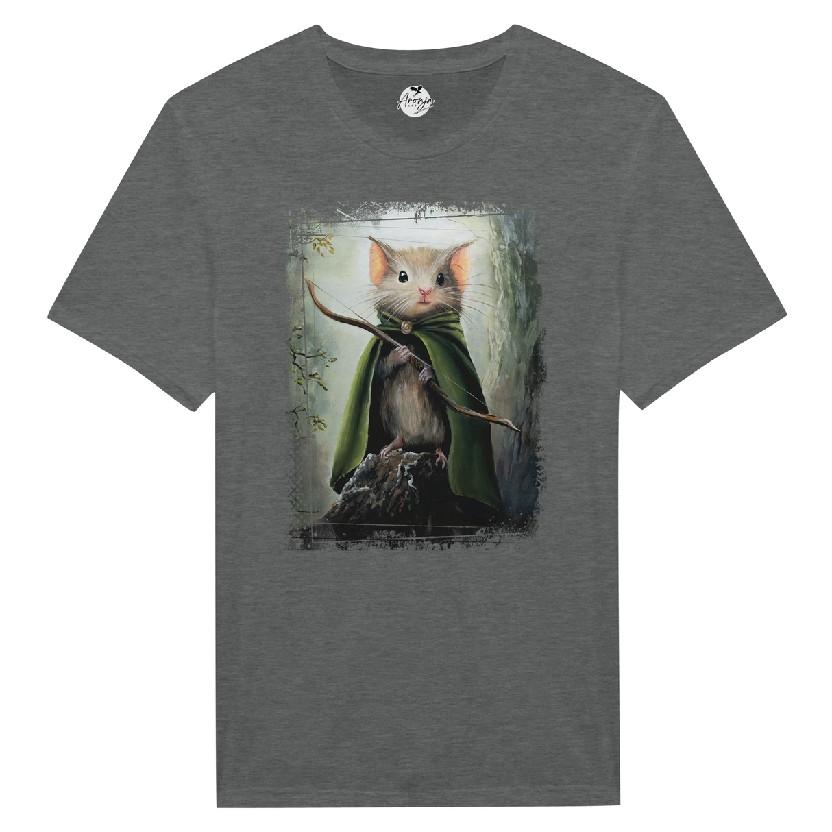 Legomouse T-shirt featuring fantasy art of a small mouse dressed as an archer in a green cloak, standing on a rock with a bow, inspired by mythical landscapes and wildlife themes.
