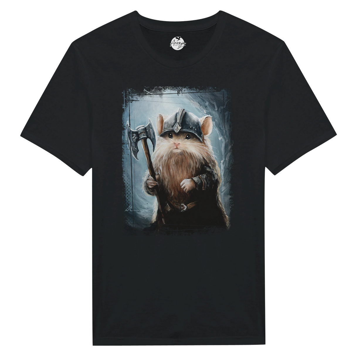 Gimouse T-shirt featuring fantasy art of a warrior mouse dressed in armor and helmet, holding a battle axe, against a dark, mystical background.