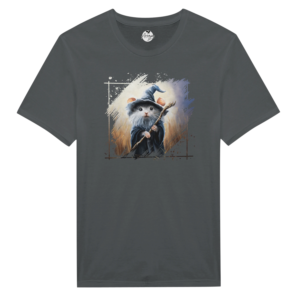 Dark gray Mousedalf T-shirt featuring fantasy art of a small mouse dressed as a wizard holding a staff, rendered in a hand-painted style with a mystical background.