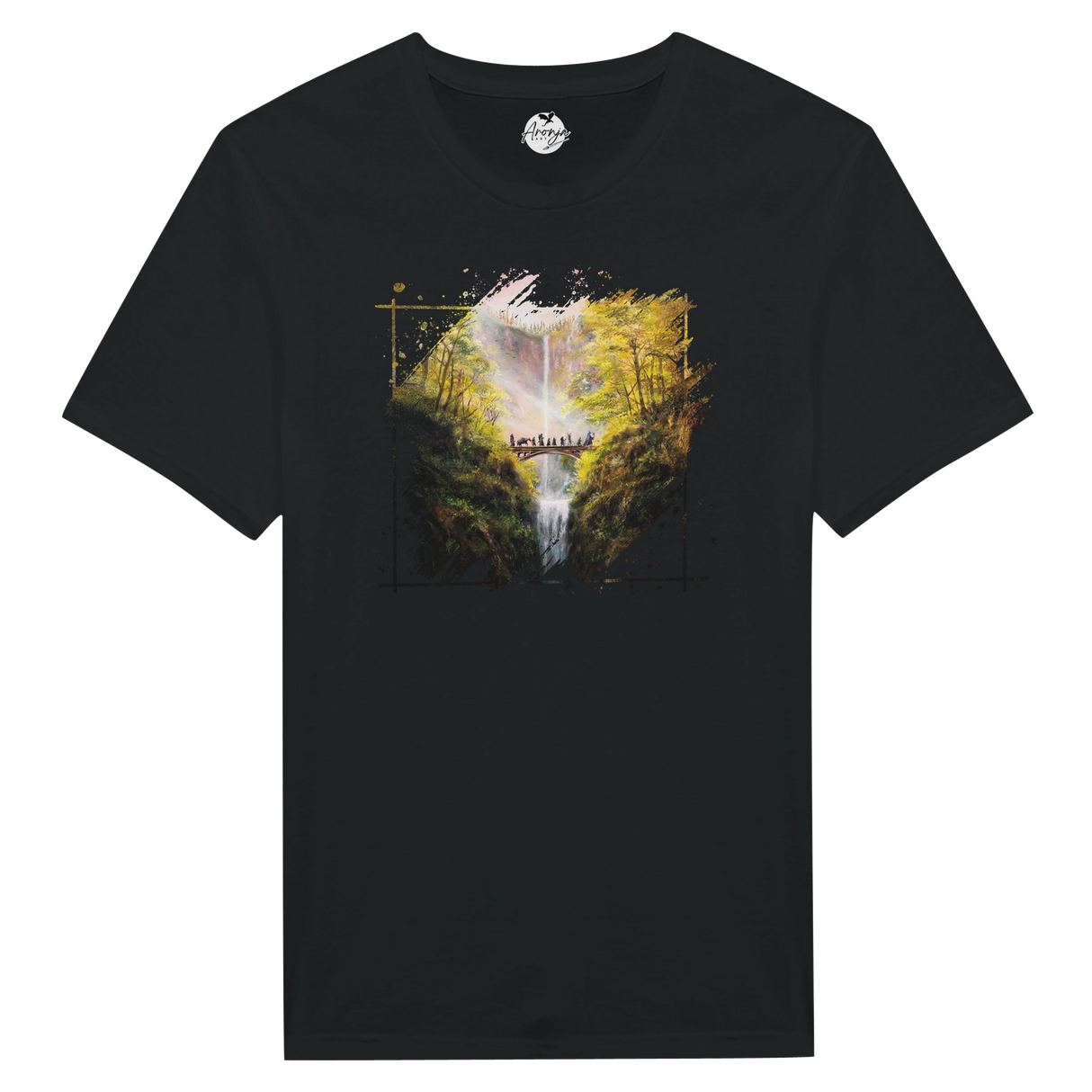The Bridge T-shirt featuring a fantasy art design of a group crossing a narrow bridge over a waterfall surrounded by lush autumn forest and vibrant sunlight.