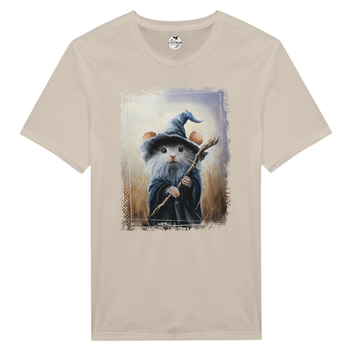Mousedalf T-shirt featuring fantasy art of a small mouse dressed as a wizard with a staff and pointed hat, set against a mystical natural background.