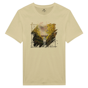 The Bridge T-shirt featuring a hand-painted fantasy art design of a waterfall landscape with a bridge and autumn foliage, blending mythical and nature art styles.
