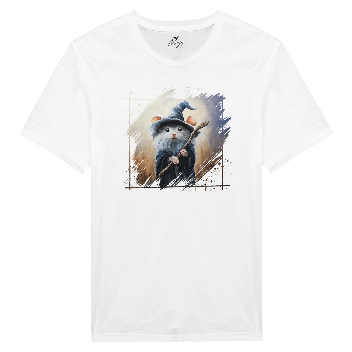 White Mousedalf T-shirt featuring fantasy art of a small mouse dressed as a wizard with a staff, hand-painted style inspired by mythical landscapes and nature art.