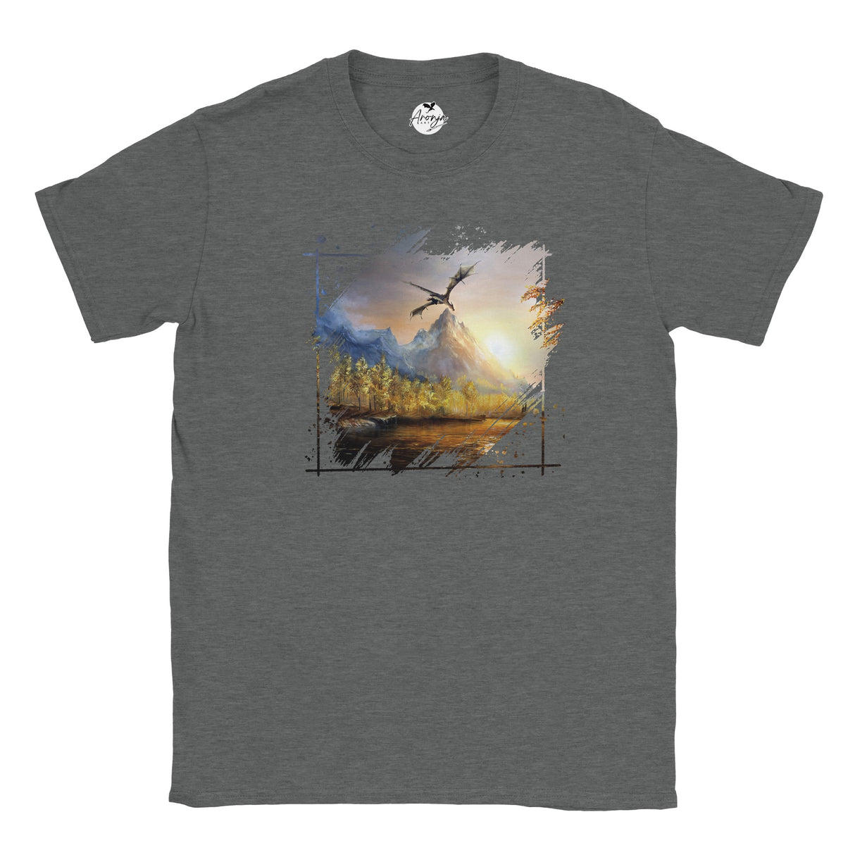 Rift T-shirt featuring a fantasy art design of a dragon flying over a mountainous landscape at sunrise, with detailed trees and a reflective lake below.