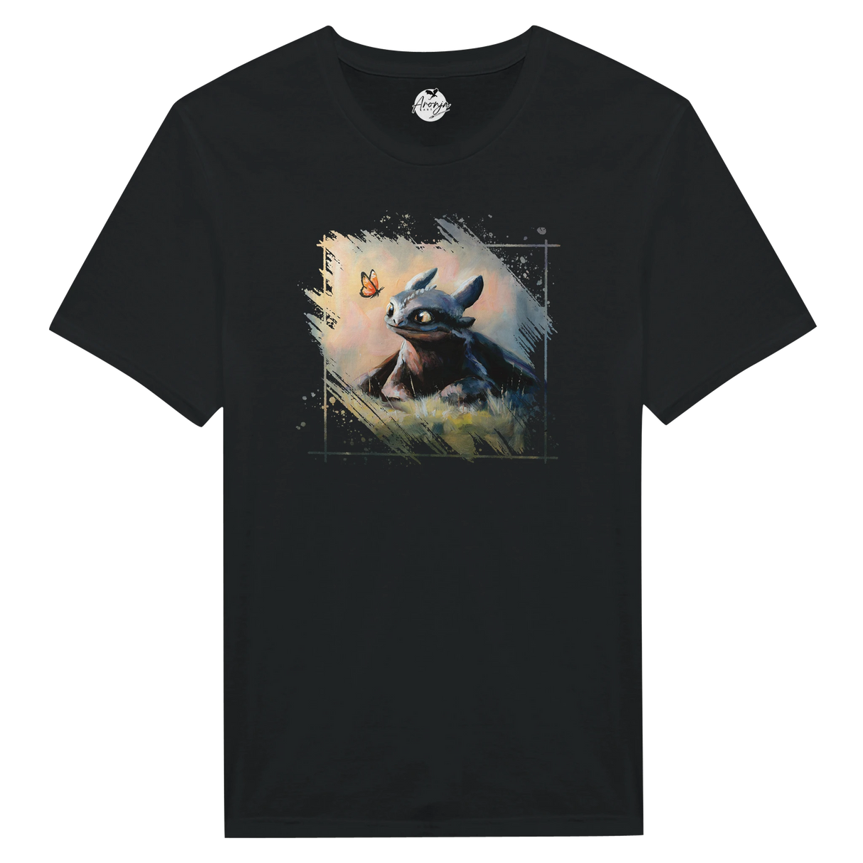 Black Toothless T-shirt featuring a hand-painted fantasy art design of a dragon looking at a butterfly, inspired by mythical landscapes and wildlife by Aronja-Art.