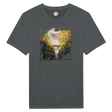 The Bridge T-shirt featuring a fantasy art design of a wooden bridge over a waterfall surrounded by autumn trees with golden leaves and a misty background.