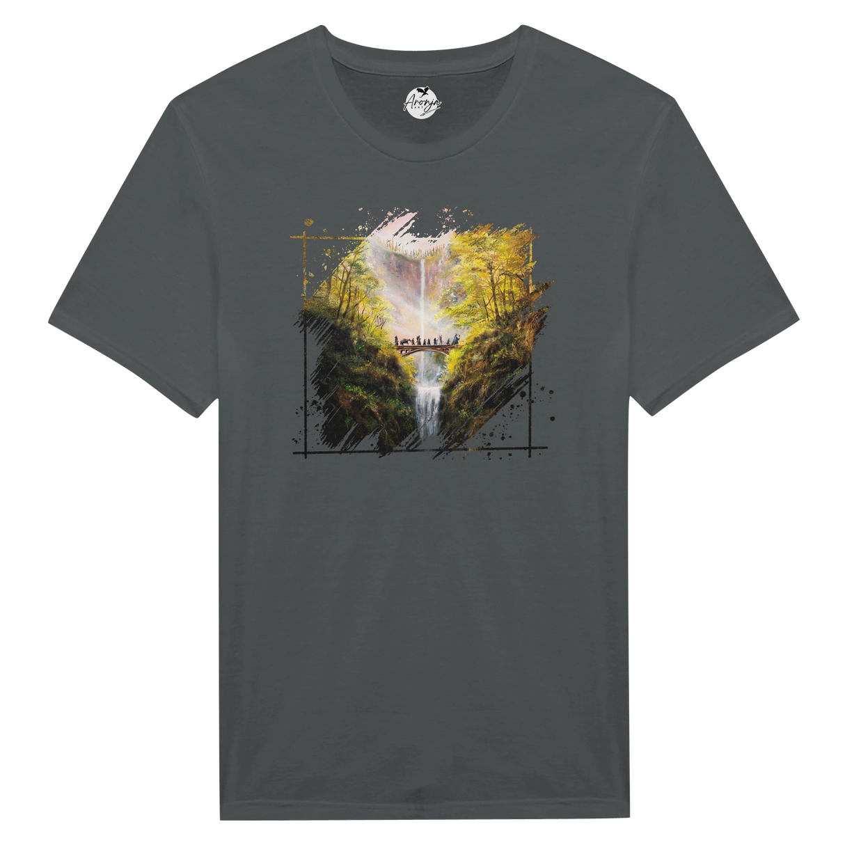 The Bridge T-shirt featuring a fantasy art design of a wooden bridge over a waterfall surrounded by autumn trees with golden leaves and a misty background.