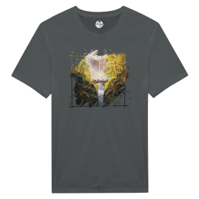 The Bridge T-shirt featuring a fantasy art design of a wooden bridge over a waterfall surrounded by autumn trees with golden leaves and a misty background.
