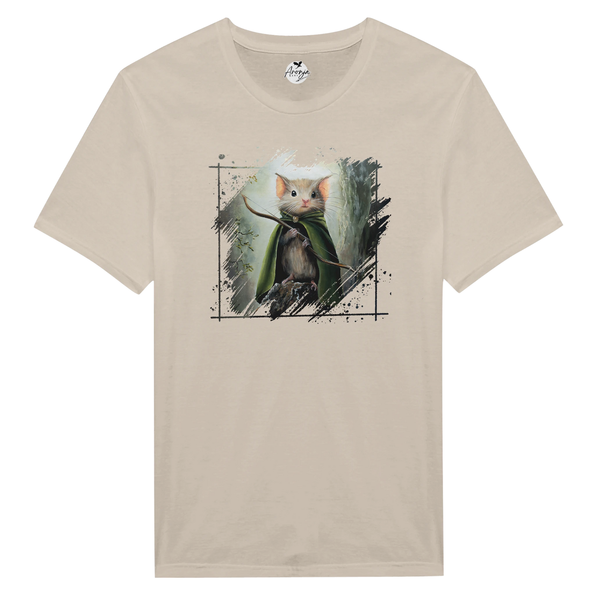 Beige Legomouse T-shirt featuring a detailed fantasy art print of a small mouse dressed as a cloaked archer, set against a nature-inspired background.