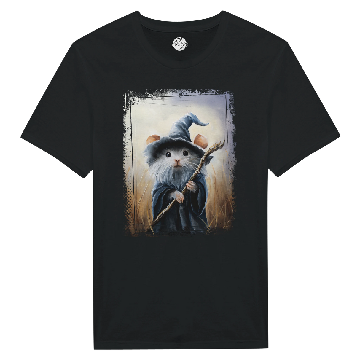 Black Mousedalf T-shirt featuring a fantasy art design of a mouse dressed as a wizard holding a staff, blending mythical and wildlife art elements by Aronja-Art.