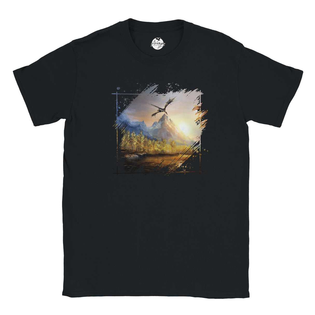Black Rift T-shirt featuring fantasy art of a dragon soaring above a mountainous landscape with a forest and a glowing sunset, blending mythical and nature elements.