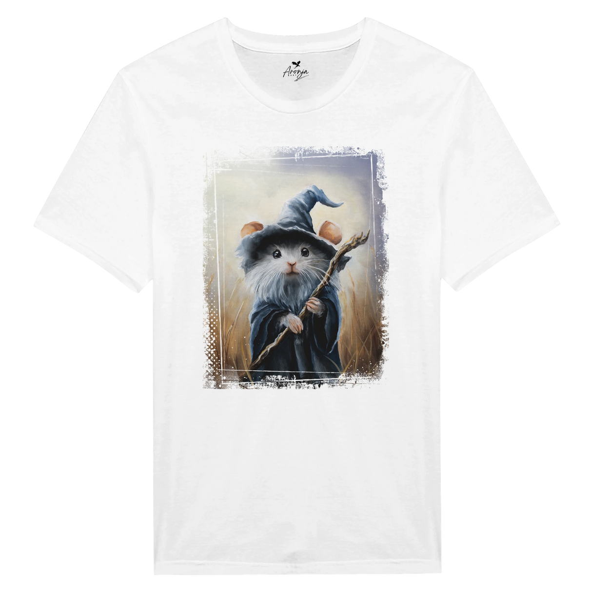 Mousedalf T-shirt featuring a detailed fantasy art design of a white mouse dressed as a wizard with a blue hat and robe, holding a wooden staff against a soft natural background.
