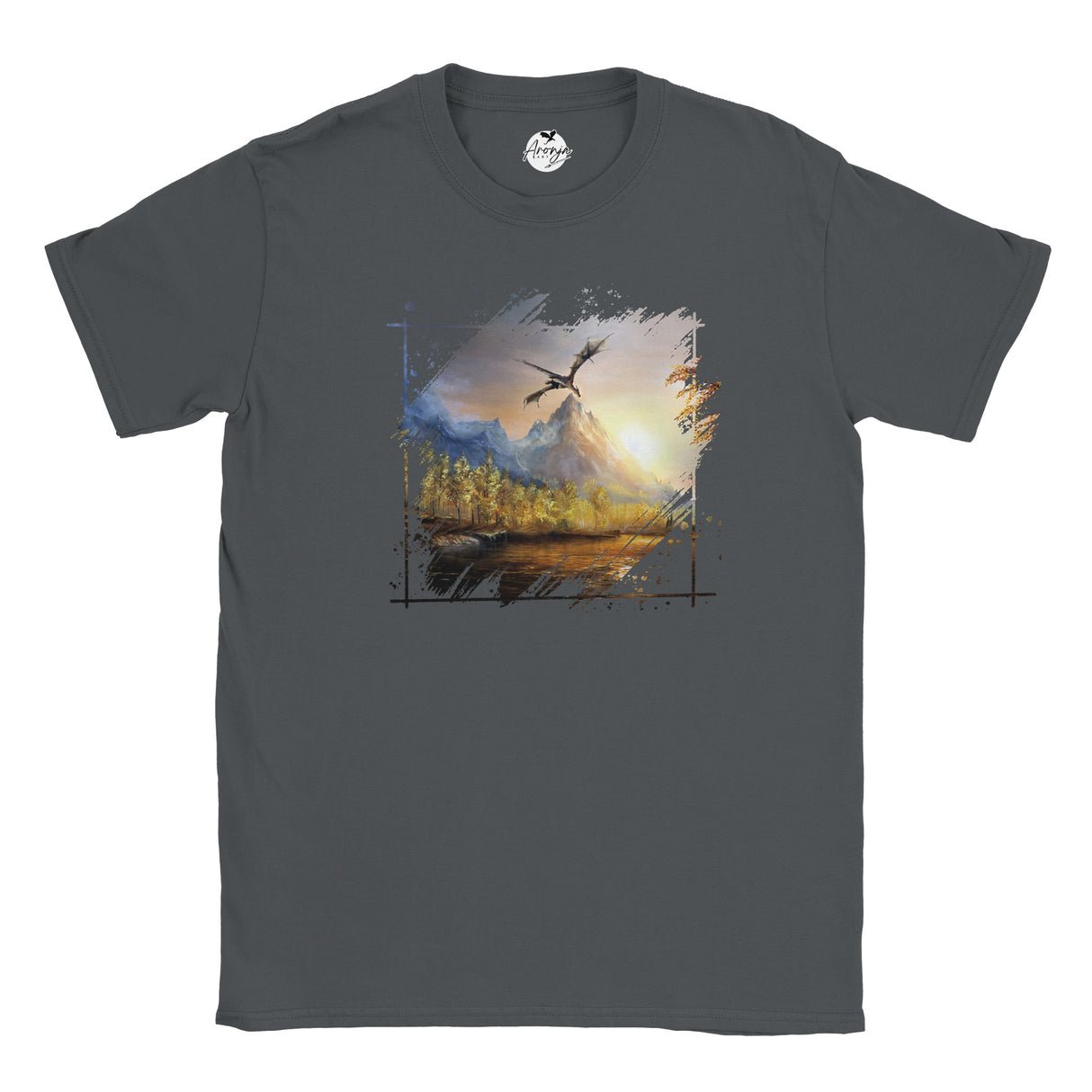 Dark gray Rift T-shirt featuring a fantasy art design of a dragon flying over a mountainous landscape at sunrise with a forest and reflective water below.