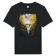 Black The Bridge T-shirt featuring a fantasy art design of a group walking across an arched stone bridge over a waterfall surrounded by lush autumn trees and sunlight.