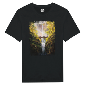 Black The Bridge T-shirt featuring a fantasy art design of a group walking across an arched stone bridge over a waterfall surrounded by lush autumn trees and sunlight.