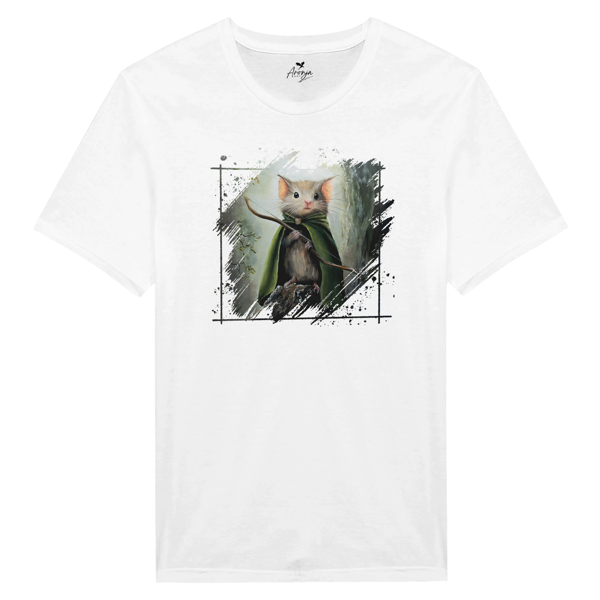 White Legomouse T-shirt featuring a fantasy art illustration of a small mouse wearing a green cloak holding a bow amid a mythical landscape background.