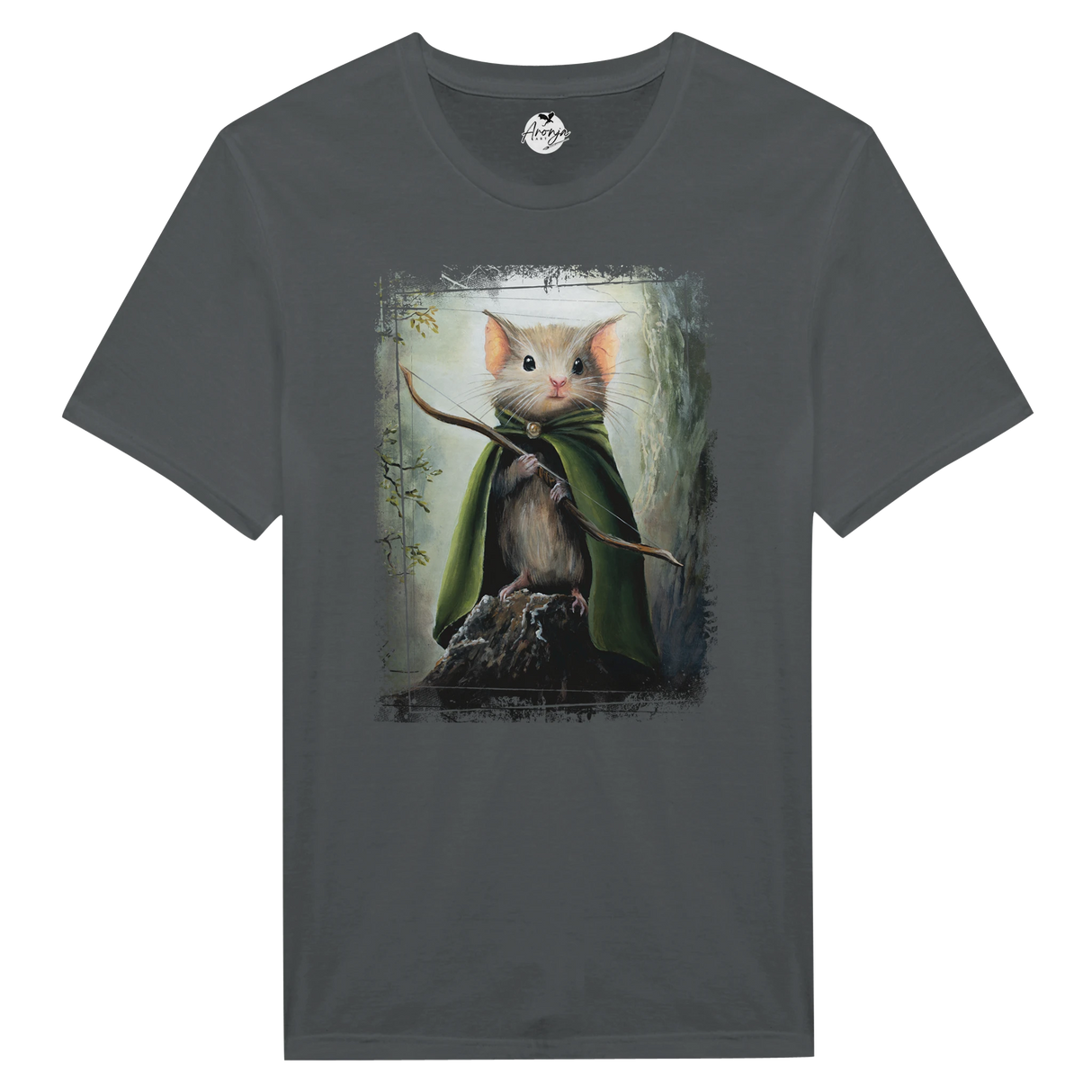 Legomouse T-shirt featuring a detailed fantasy art design of a small mouse dressed in a green cloak holding a bow, set against a mystical woodland background.