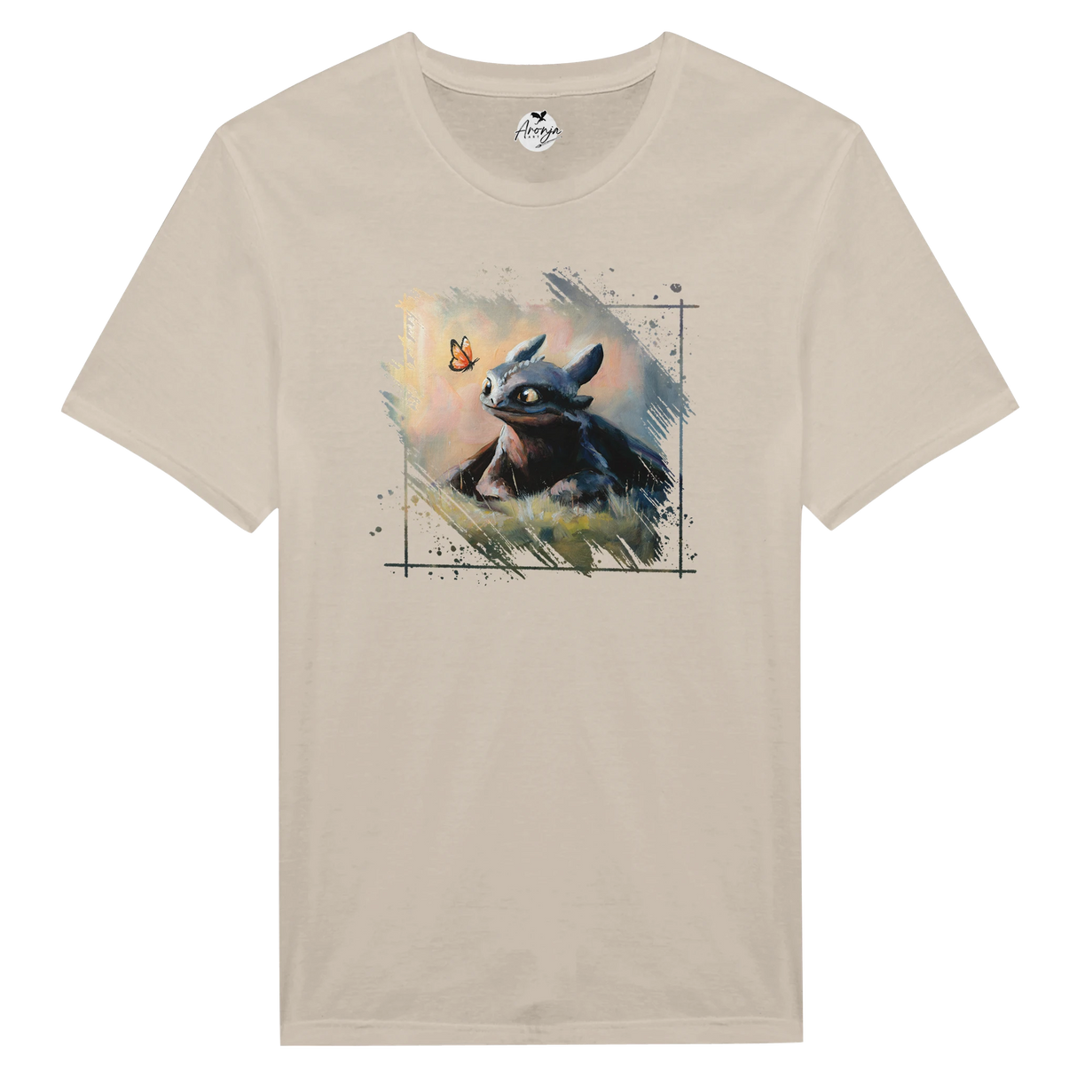 Toothless T-shirt featuring a hand-painted fantasy art design of a dragon with a butterfly in a mythical landscape, ideal for fans of original art and wildlife themes.