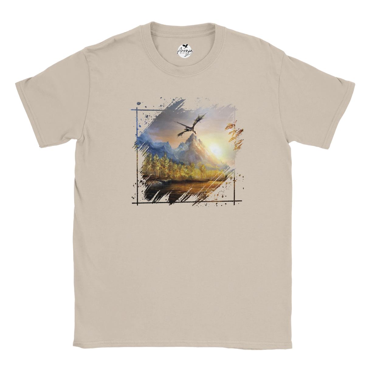 Beige Rift T-shirt featuring detailed fantasy art of a dragon soaring over a sunlit mountain landscape with forests and a serene lake, inspired by mythical nature scenes.