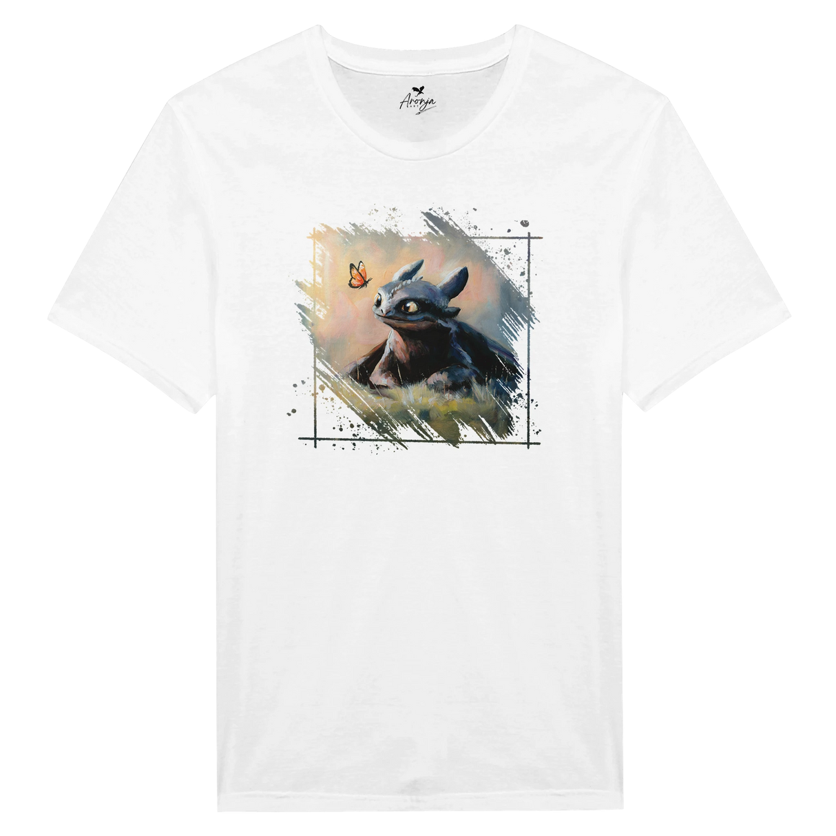 White Toothless T-shirt featuring a hand-painted fantasy art design of a dragon looking at a butterfly with soft, colorful brush strokes in a framed style.