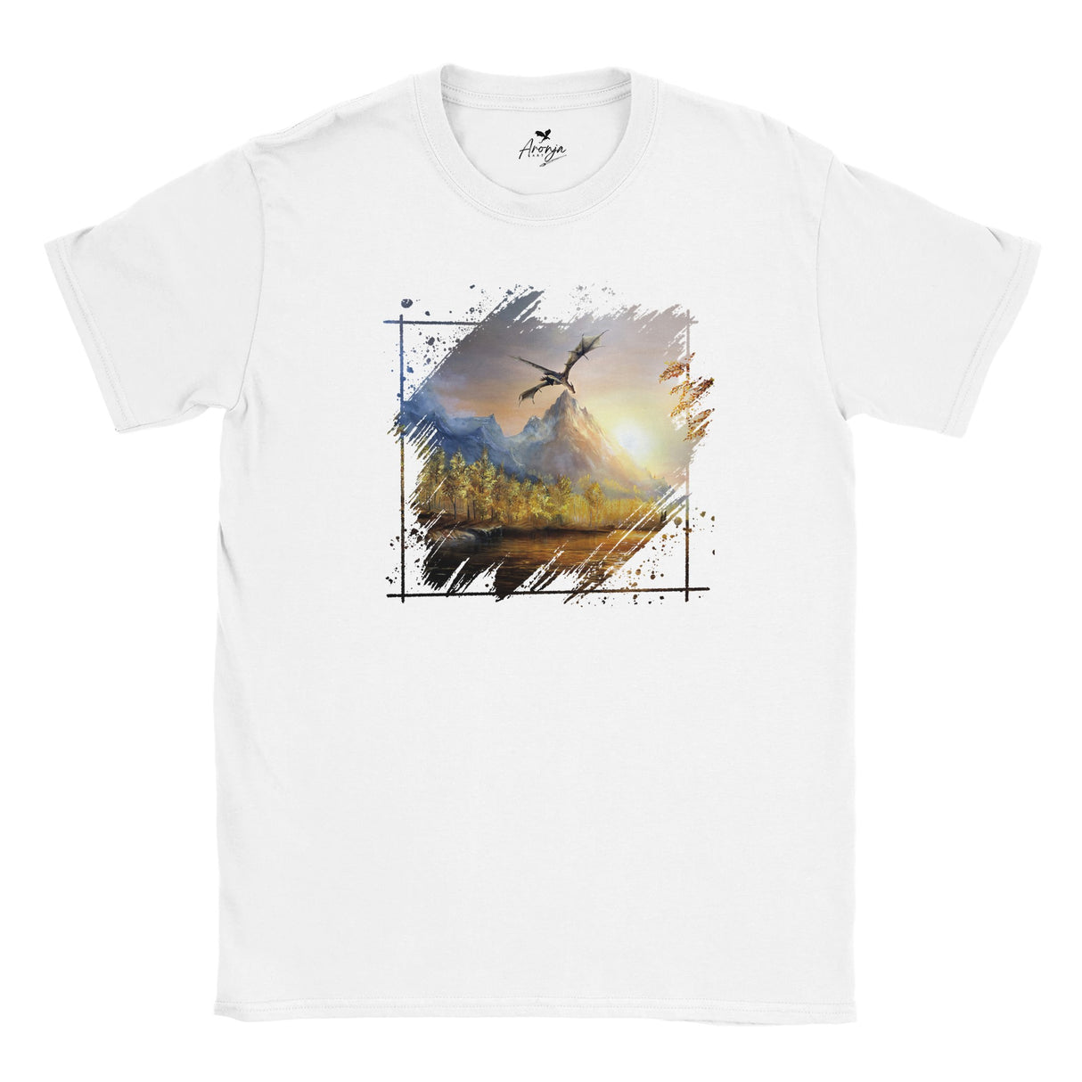 White Rift T-shirt featuring a fantasy art design of a dragon flying over a mountainous landscape at sunrise, combining mythical and nature art elements.