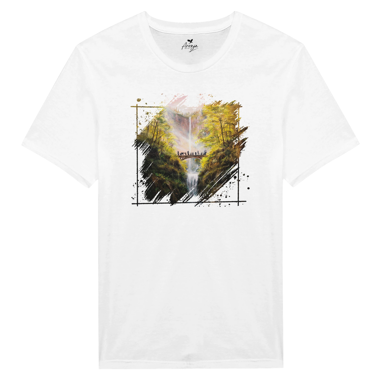 The Bridge T-shirt featuring a hand-painted fantasy landscape of a misty waterfall surrounded by autumn trees with a small wooden bridge crossing the stream below.
