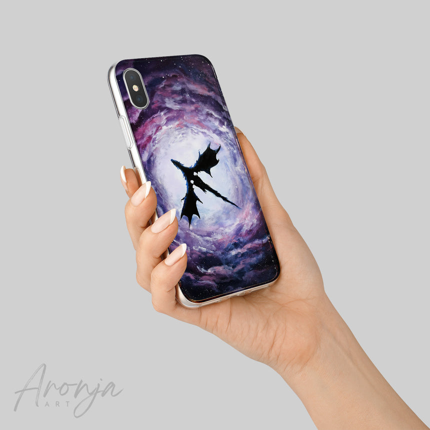 Phone Case - Alduin Aronja-Art black purple hand-painted fantasy art gaming inspired dragon silhouette