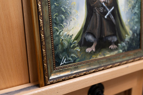 Aramouse original oil painting, Aronja-Art framed fantasy art showing a woodland character scene on canvas panel