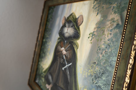 Aramouse original framed oil painting by Aronja-Art, fantasy art with a hooded woodland character