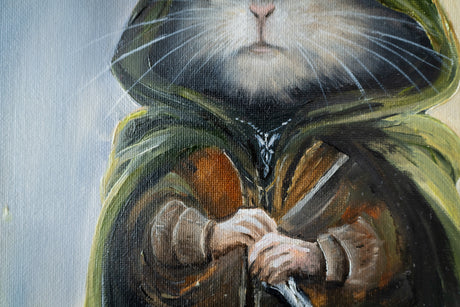 Aramouse original framed oil painting by Aronja-Art, green woodland fantasy art with a hooded animal character.