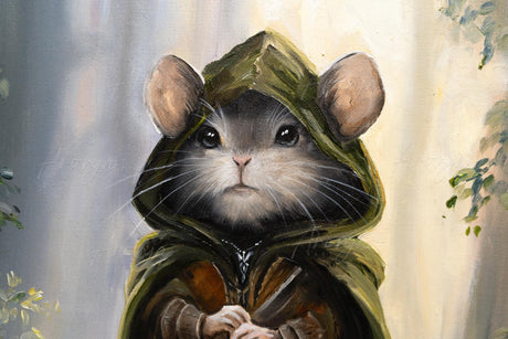 Aramouse original oil painting framed by Aronja-Art, fantasy art depicting a hooded woodland mouse character